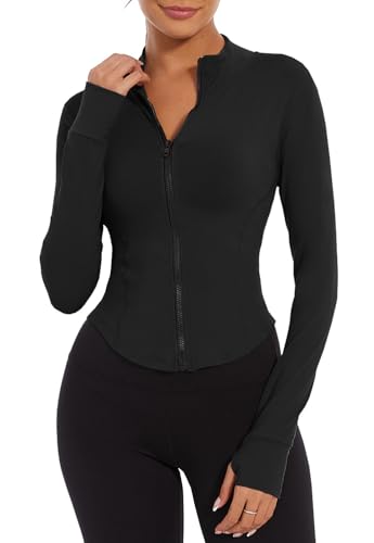 CheChury T-Shirt Damen Gym Top Sport Oberteil Yoga Langarm Crop Top Sportshirt Leicht Fitness Oberteil Freizeitjacke Sweatjacke Laufjacke Trainingsjacke mit Halbem Reißverschluss und Daumenloch von CheChury