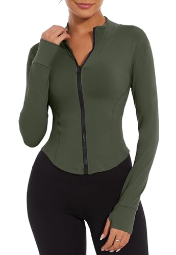 CheChury T-Shirt Damen Gym Top Sport Oberteil Yoga Langarm Crop Top Sportshirt Leicht Fitness Oberteil Freizeitjacke Sweatjacke Laufjacke Trainingsjacke mit Halbem Reißverschluss und Daumenloch von CheChury