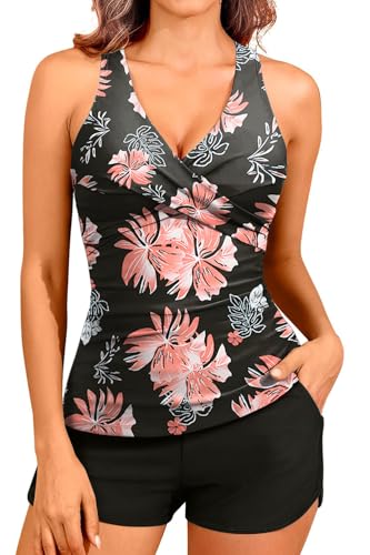CheChury Tankini Damen Bademode Bauchweg Set Push Up Bauch Weg Tankini Damen Freizeit Tankinis Bademode Set Zweiteiler Sommer Drucken Badeanzüge für Strand Ferien Freizeit Oberteile und Badeshorts von CheChury