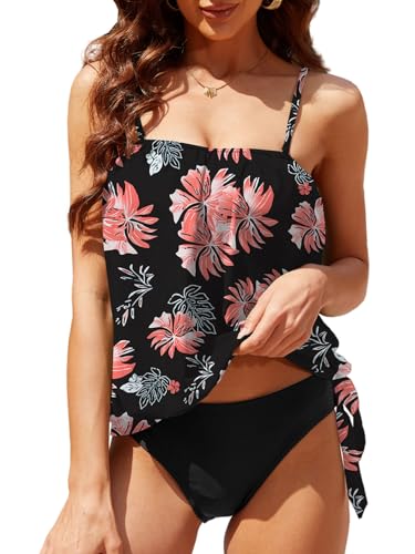 CheChury Tankini Damen Bauchweg Tankini Set Trägerloser Frauen Bademode Set Zweiteilig Tankini Gedruckt Oberteil mit Bikinislip Bauchweg Badeanzug Push up Bademode Schwimmanzug Strandmode,Rosa,XXL von CheChury