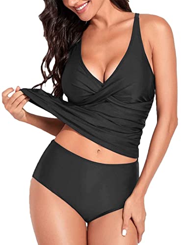 CheChury Tankini Damen Zweiteilig Bauchweg Bademode Set Push up Damen Sport Tankini Set Einstellbarer Badeanzug Gepolstert Tankini Oberteil Badeshorts High Waist Tankini Beachwear Hotpants,Schwarz,L von CheChury