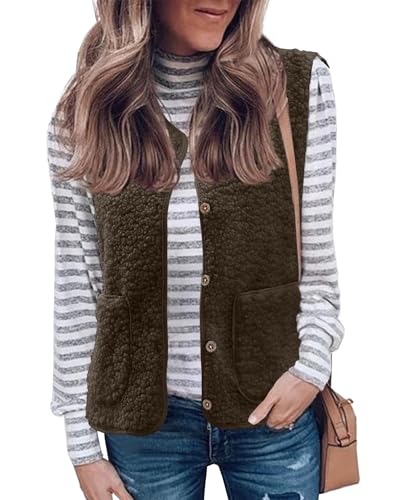 CheChury Teddy Fleece Weste Damen Herbst Westen Winter Warm Jacke Ärmellos Westen Pelzjacke Leicht Casual Einfarbig Damenweste Herbstmantel Ultraleicht Jacke Outdoor Westen Tops mit Tasche,Kaffee,XXL von CheChury