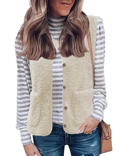 CheChury Teddy Fleece Weste Damen Herbst Westen Winter Warm Jacke Ärmellos Westen Pelzjacke Leicht Casual Einfarbig Damenweste Herbstmantel Ultraleicht Jacke Outdoor Westen Tops mit Tasche,Beige,S von CheChury