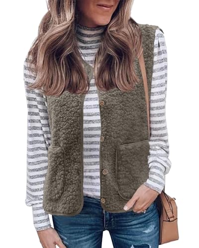 CheChury Teddy Fleece Weste Damen Herbst Westen Winter Warm Jacke Ärmellos Westen Pelzjacke Leicht Casual Einfarbig Damenweste Herbstmantel Ultraleicht Jacke Outdoor Westen Tops mit Tasche,Khaki,M von CheChury