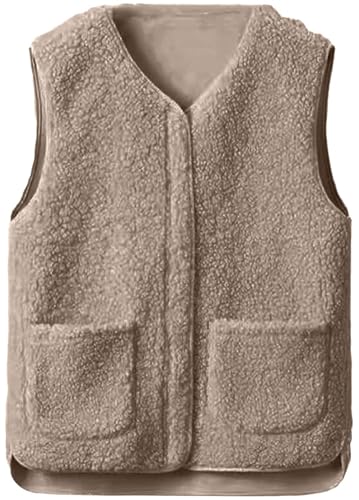 CheChury Teddy Fleece Weste Damen Herbst Winter Leichte Weste Warm Fellweste Fleeceweste Ärmellose Reißverschluss Flauschige Jacke Gefütterte Taschen Plüschweste Fleece Weste Herbstmantel V-Ausschnitt von CheChury