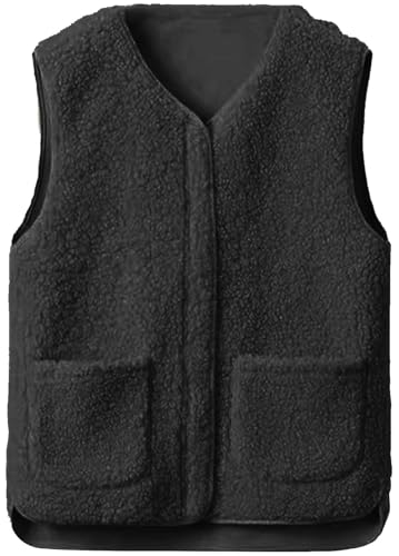 CheChury Teddy Fleece Weste Damen Herbst Winter Leichte Weste Warm Fellweste Fleeceweste Ärmellose Reißverschluss Flauschige Jacke Gefütterte Taschen Plüschweste Fleece Weste Herbstmantel V-Ausschnitt von CheChury