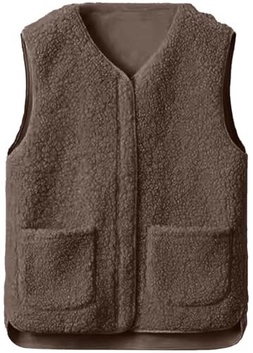 CheChury Teddy Fleece Weste Damen Herbst Winter Leichte Weste Warm Fellweste Fleeceweste Ärmellose Reißverschluss Flauschige Jacke Gefütterte Taschen Plüschweste Fleece Weste Herbstmantel V-Ausschnitt von CheChury