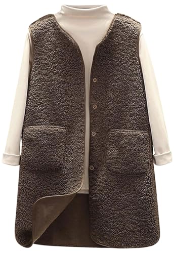 CheChury Teddy Fleece Weste Damen Lang Herbst Fleeceweste Winter Warm Ärmellos Westen Pelzjacke Leicht Casual Einfarbig Damenweste Herbstmantel Damen Warme Ärmellose Weste Teddyjacke Lässig,Kaffee,L von CheChury