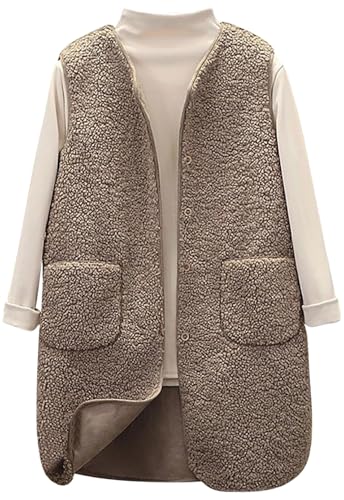 CheChury Teddy Fleece Weste Damen Lang Herbst Fleeceweste Winter Warm Ärmellos Westen Pelzjacke Leicht Casual Einfarbig Damenweste Herbstmantel Damen Warme Ärmellose Weste Teddyjacke Lässig,Khaki,M von CheChury