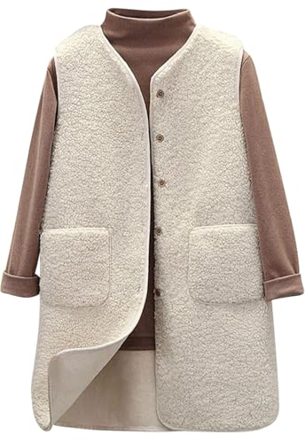 CheChury Teddy Fleece Weste Damen Lang Herbst Fleeceweste Winter Warm Ärmellos Westen Pelzjacke Leicht Casual Einfarbig Damenweste Herbstmantel Damen Warme Ärmellose Weste Teddyjacke Lässig,Beige,XXL von CheChury