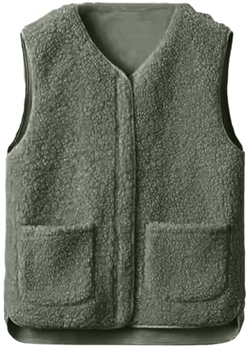 CheChury Teddy Fleece Weste Damen Leicht Weste Herbst Winter Fleeceweste Warm Ärmellos Westen Casual Einfarbig Damenweste Herbstmantel Pelzjacke Reißverschluss Plüschweste Warme Ärmellose,Dunkelgrün,S von CheChury