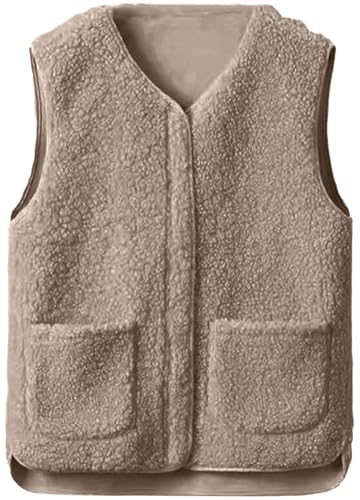CheChury Teddy Fleece Weste Damen Leicht Weste Herbst Winter Fleeceweste Warm Ärmellos Westen Casual Einfarbig Damenweste Herbstmantel Pelzjacke Reißverschluss Plüschweste Warme Ärmellose,Khaki,XXL von CheChury