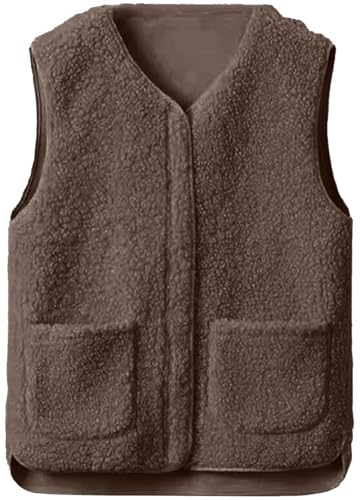 CheChury Teddy Fleece Weste Damen Leicht Weste Herbst Winter Fleeceweste Warm Ärmellos Westen Casual Einfarbig Damenweste Herbstmantel Pelzjacke Reißverschluss Plüschweste Warme Ärmellose,Kaffee,M von CheChury