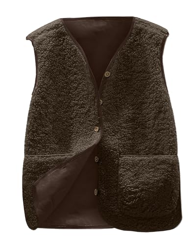 CheChury Teddy Fleece Weste Damen Leichte Weste Fleeceweste Herbst Winter Warm Ärmellos Westen Leicht Casual Einfarbig Damenweste Herbstmantel Pelzjacke Knöpfen Plüschweste Mit Taschen V-Ausschnitt von CheChury