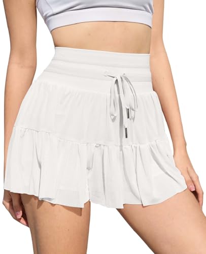 CheChury Tennisrock Damen Tüll Rock mit Hose Drunter Sport Hosenrock Damen Sportrock Plissierte Faltenrock Minirock Golf Röcke Tennis Rock Damen Golfrock mit Tasche Laufrock Hohe Taille Rock,Weiß,L von CheChury