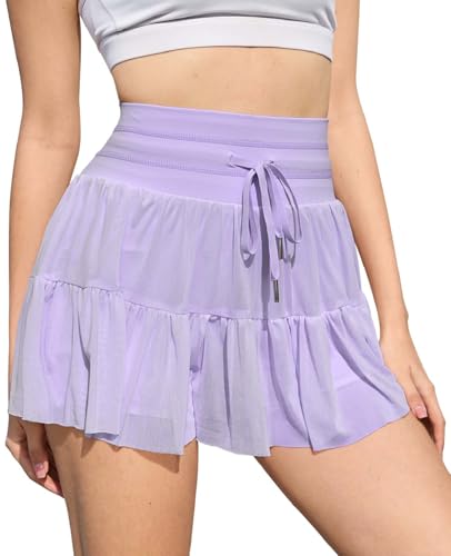 CheChury Tennisrock Damen Tüll Rock mit Hose Drunter Sport Hosenrock Damen Sportrock Plissierte Faltenrock Minirock Golf Röcke Tennis Rock Damen Golfrock mit Tasche Laufrock Hohe Taille Rock,Violett,S von CheChury