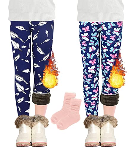 CheChury Thermoleggins für Mädchen Gefütterte Thermo Leggings Kinder Baumwolle Dick Warm Lange Winterleggins Karikatur Drucken Stretch Sportleggings Tanzhose Freizeithose Kinder Sweathose 2er Pack von CheChury