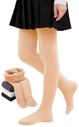 CheChury Thermo Strumpfhose für Mädchen Winter Strumpfhose mit Fleecefutter Mädchen Strumpfhosen Warm Blickdichte Winterstrumpfhosen Kinder Fleece Leggings Kinder Dicke Fleece,Beige,9-11Jahre von CheChury