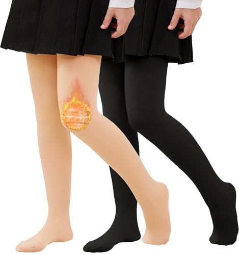 CheChury Thermo Strumpfhosen mit Fleecefutter Mädchen 5-15 Jahre Kinder Gefütterte Blickdichte Warme Winterstrumpfhosen Fleece Thermounterwäsche Dicke fleece Elastisch Einfarbig für Tanz Yoga Alltag von CheChury