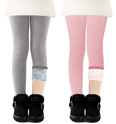 CheChury Thermoleggings Kinder Fleece Leggins Kinder Winterleggings Thermo Mädchen Fleece Gefüttert Leggings Baumwolle Hosen Winter Dicke Warme Lange Thermohose Elastische Outdoor,Grau+Rosa,122-128 von CheChury