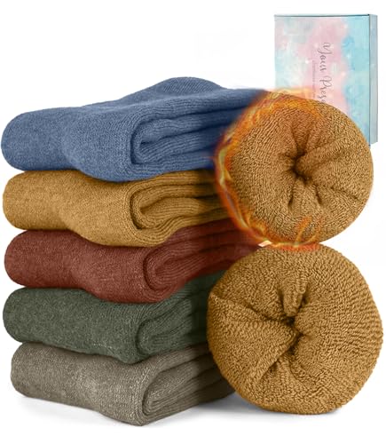 CheChury Thermosocken Damen Wollsocken 5 Paar Warme Geschenk für Frauen Wintersocken Dicke Stricksocken Winter Socken Bunte Gemütlich Kuschelsocken Weiche Atmungsaktiv Wollesocken Herbst Winter Weich von CheChury