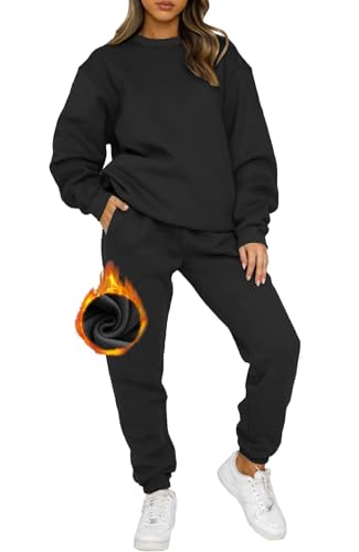 CheChury Trainingsanzug Damen Tracksuit Langarm Rundhalsausschnitt Zweiteiler Outfit Hoodie Hausanzug Set Pullover Sweatshirt Jogginghose Warm Velour Sportanzug Freizeitanzug Jogginganzug,Schwarz,XL von CheChury