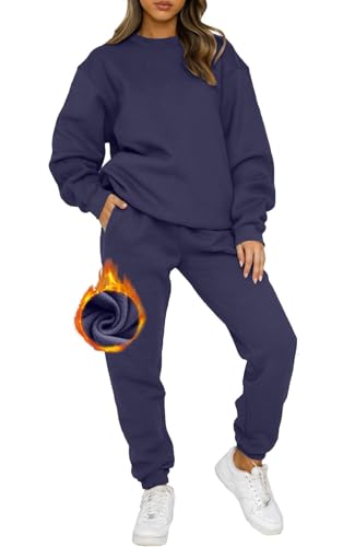 CheChury Trainingsanzug Damen Tracksuit Langarm Rundhalsausschnitt Zweiteiler Outfit Hoodie Hausanzug Set Pullover Sweatshirt und Jogginghose Warm Velour Sportanzug Freizeitanzug Jogginganzug,Blau,L von CheChury