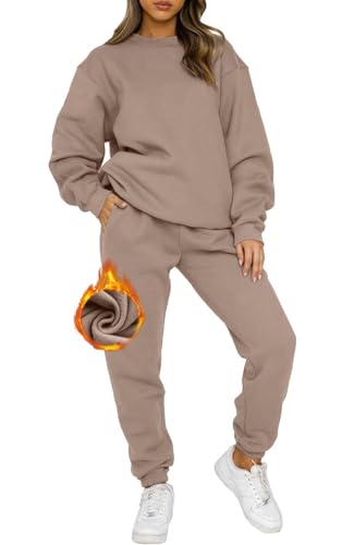 CheChury Trainingsanzug Damen Tracksuit Langarm Rundhalsausschnitt Zweiteiler Outfit Hoodie Hausanzug Set Pullover Sweatshirt und Jogginghose Warm Velour Sportanzug Freizeitanzug Jogginganzug,Kahki,S von CheChury