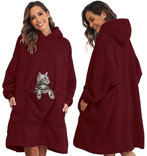 CheChury Übergroße Sherpa Hoodie Plüsch Sweatshirt Mit Kapuze Decke Sweatshirt Weiche Kapuzenpullover Warme Riesen-Hoodie Oversized Fleece Hoodie Blankets Soft Pullover Sherpa TV-Decke mit Kapuze,Rot von CheChury