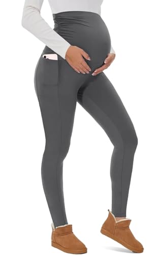 CheChury Umstands Fleece Leggings Damen Umstandsleggings High Waist Schwangerschaftsleggings Blickdicht Umstandshose mit Taschen Weich Stretch Umstandsmode Mutterschaft Leggings für Yoga Sport,Grau,XL von CheChury