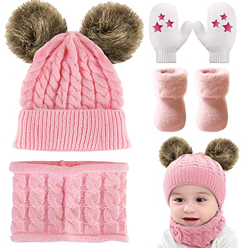 CheChury Warme Winter Mütze Schal Kinder Sets Baby Mädchen Beanie Hut Jungen Strickmütze mit Bommel Babymütze Schlupfmütze für 0-3 Jahre Kinder (D-Rosa, One Size) von CheChury