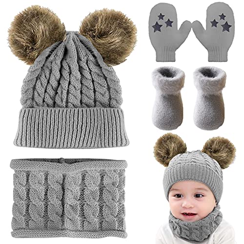 CheChury Warme Winter Mütze Schal Kinder Sets Baby Mädchen Beanie Hut Jungen Strickmütze mit Bommel Babymütze Schlupfmütze für 0-3 Jahre Kinder (D-grau, One Size) von CheChury