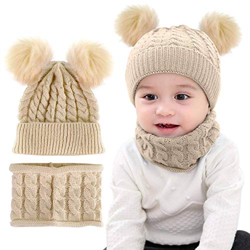 CheChury Warme Winter Mütze Schal Kinder Sets Baby Mädchen Beanie Hut Jungen Strickmütze mit Bommel Babymütze Schlupfmütze für 0-3 Jahre Kinder-B-Beige-One Size von CheChury