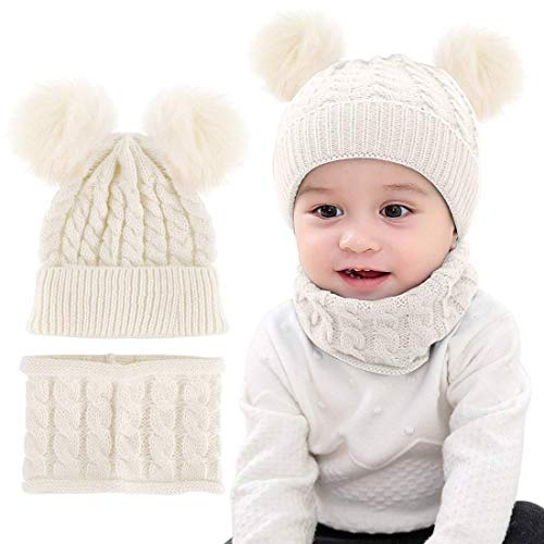 CheChury Warme Winter Mütze Schal Kinder Sets Baby Mädchen Beanie Hut Jungen Strickmütze mit Bommel Babymütze Schlupfmütze für 0-3 Jahre Kinder-B-Weiß-One Size von CheChury