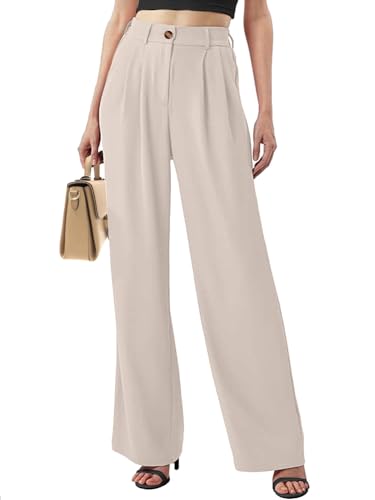 CheChury Weite Hosen Damen Anzughose Female Hose mit Weitem Beinschnitt Damen Gerade Weit Hose Business Lange Freizeithose Stretch Hohe Taille Pants Casual Hose Elegant Bequem mit Taschen,Beige,M von CheChury