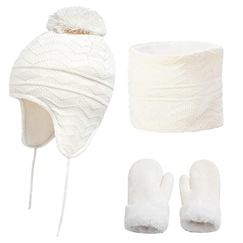 CheChury Winter Mütze Schal Handschuh Sets Mädchen Strickmütze Warme Babymütze Jungen Wintermütze Fleece Winterschal Elastische Beanie Ohrenschützer Hut und Schal Kinder 1-6 Jahre，Weiß，L von CheChury