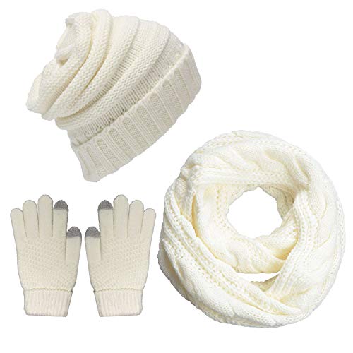 CheChury Winter Schal Strickmütze Kombiset Beanie Handschuhe Damen Set Gestrickt Geschenkset Touchscreen-Handschuhe von CheChury