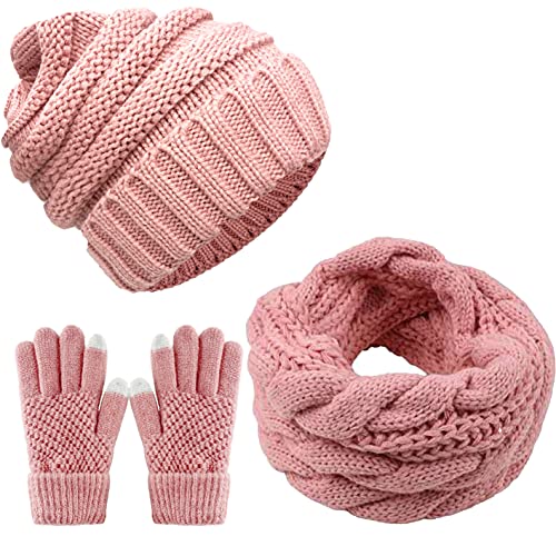 CheChury Winter Schal Strickmütze Kombiset Strickset Beanie Handschuhe Damen Schal Mütze Handschuhe Set Gestrickt Geschenkset Touchscreen-Handschuhe von CheChury