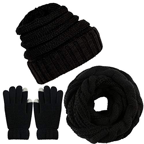 CheChury Winter Schal Strickmütze Kombiset Strickset Beanie Handschuhe Damen Schal Mütze Handschuhe Set Gestrickt Geschenkset Touchscreen-Handschuhe,Schwarz,Onesize von CheChury