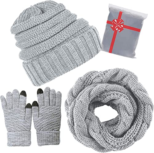 CheChury Winter Schal Strickmütze Kombiset Strickset Beanie Handschuhe Damen Schal Mütze Handschuhe Set Gestrickt Geschenkset Touchscreen-Handschuhe von CheChury