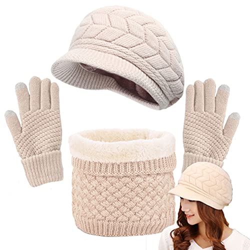 CheChury Wintermütze Damen Beanie Strickmütze Barett mit Fleecefutter Warme Schirmmütze Gestrickt Winter Mütze Schal Handschuh Sets Touchscreen Outdoor-Beige-One Size von CheChury