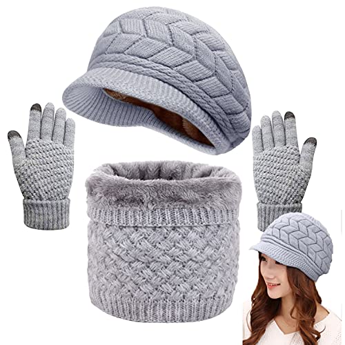 CheChury Wintermütze Damen Beanie Strickmütze Barett mit Fleecefutter Warme Schirmmütze Gestrickt Winter Mütze Schal Handschuh Sets Touchscreen Outdoor-Grau-One Size von CheChury