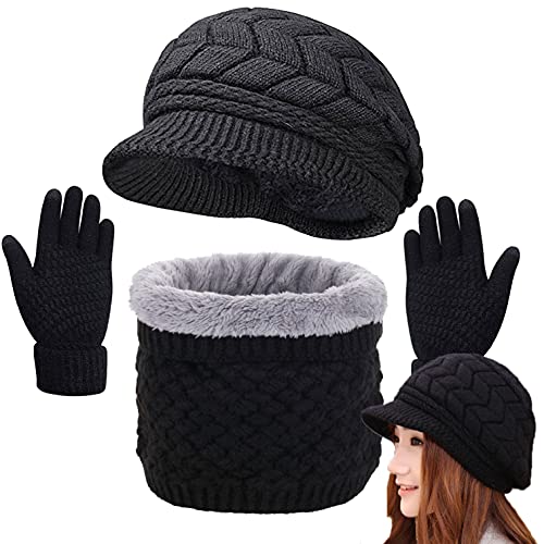 CheChury Wintermütze Damen Beanie Strickmütze Barett mit Fleecefutter Warme Schirmmütze Gestrickt Winter Mütze Schal Handschuh Sets Touchscreen Outdoor-Schwarz-One Size von CheChury