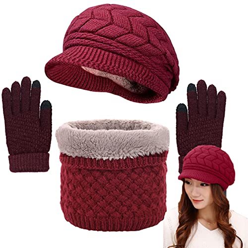 CheChury Wintermütze Damen Beanie Strickmütze Barett mit Fleecefutter Warme Schirmmütze Gestrickt Winter Mütze Schal Handschuh Sets Touchscreen Outdoor-Rot-One Size von CheChury
