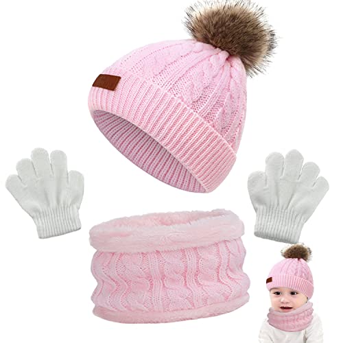 CheChury Wintermütze Schal Handschuhe Set Jungen Baby Fleece Gefüttertes Ski Beanie Kinder Strick Mädchen Mütze Schal Set Winter Beanie Strickmütze Beanie Pompon Fleecefutter 3 Stück für 1-3 Jahre von CheChury