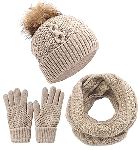 CheChury Wintermütze Schal Handschuhe Sets Damen Strickmütze Kombiset Strickset Beanie Loop Schal Gestrickt Mütze Set Strickmütze Fleece Pompon Touchscreen-Handschuhe Geschenkset,Beige,one size von CheChury