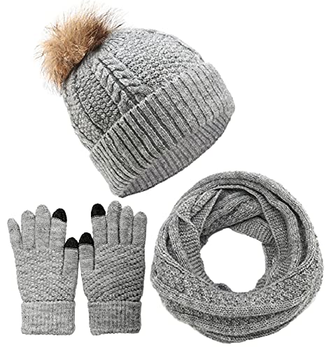 CheChury Wintermütze Schal Handschuhe Sets Damen Strickmütze Kombiset Strickset Beanie Loop Schal Gestrickt Mütze Set Strickmütze Fleece Pompon Touchscreen-Handschuhe Geschenkset,Grau,one size von CheChury