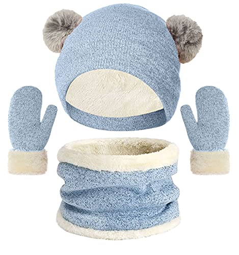 CheChury Wintermütze Schal Handschuhe Sets Kinder Warme Strickmütze mit Bommel Jungen Beanie Hut Winter Verdicken Fleece Winterschal Thermisch Babymütze Mädchen 3-6 Jahre，Blau，One size von CheChury