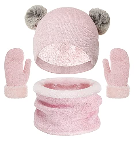 CheChury Wintermütze Schal Handschuhe Sets Kinder Warme Strickmütze mit Bommel Jungen Beanie Hut Winter Verdicken Fleece Winterschal Thermisch Babymütze Mädchen 3-6 Jahre，Rosa，One size von CheChury