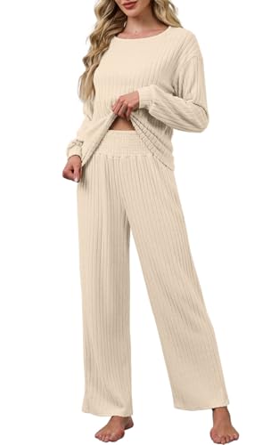 CheChury Zweiteiler Damen Elegant Lounge Set Freizeitanzug Damen Loungewear Set Shirt Langarm mit Hose 2 Teiler Hausanzug Jogginganzug Herbst Outfits Tracksuit Trainingsanzug Sportanzug,Beige,L von CheChury